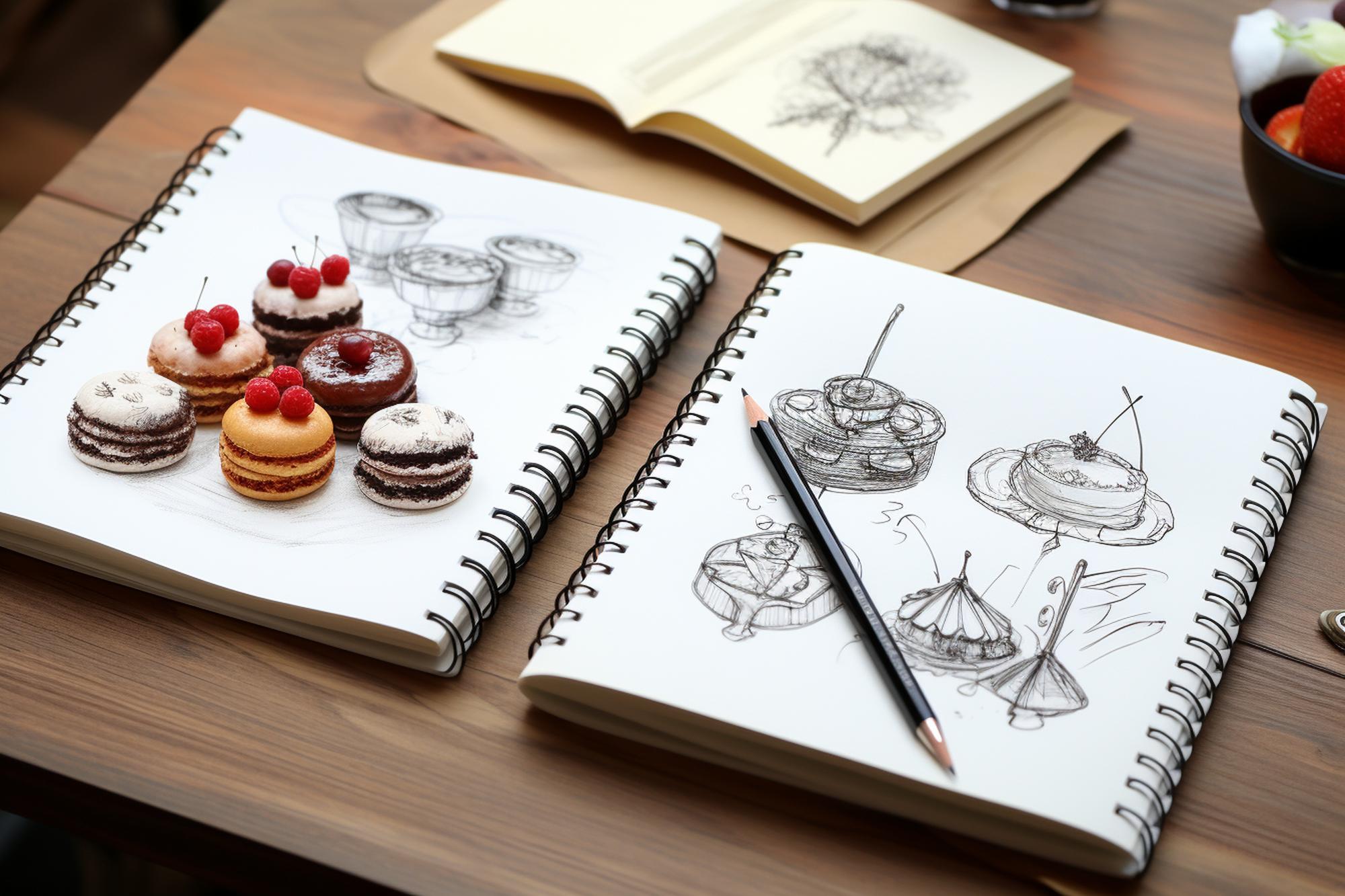 Workbook and menu sketches on table